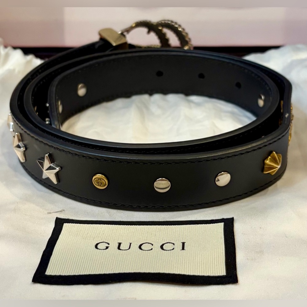 GUCCI Black Leather Double G Buckle Studded Belt Accents and Bat Detail🔥 EUC!! - Picture 7 of 16